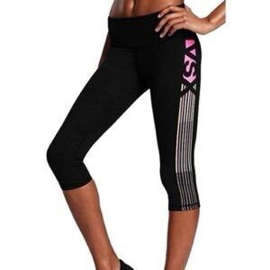 Victoria’s Secret VSX Knockout Crop Leggings Black Neon Pink Side Stripes Sz S